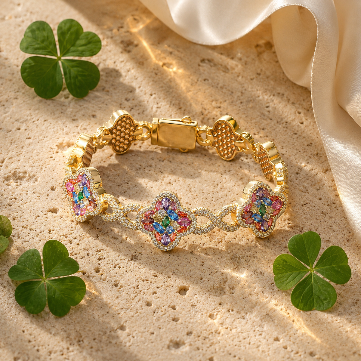 β¨ Lucky Clover Colorful Zircon Bracelet β Gold-Plated Charm Jewelry