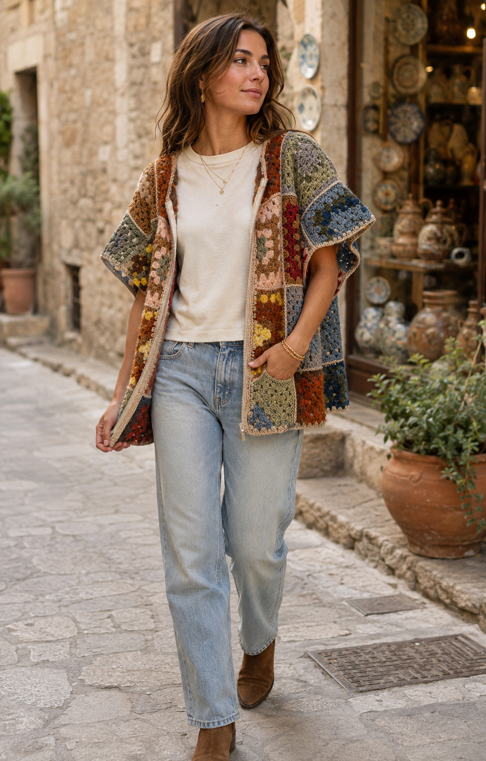 Women's Vintage Patchwork Crochet Hooded Vest | Boho Zip-Up Sleeveless Jacket