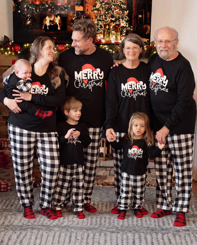 Christmas Family Matching Glow In The Dark Letters Print Long-sleeve Pajamas Sets with Christmas Socks Black+White Hover Image