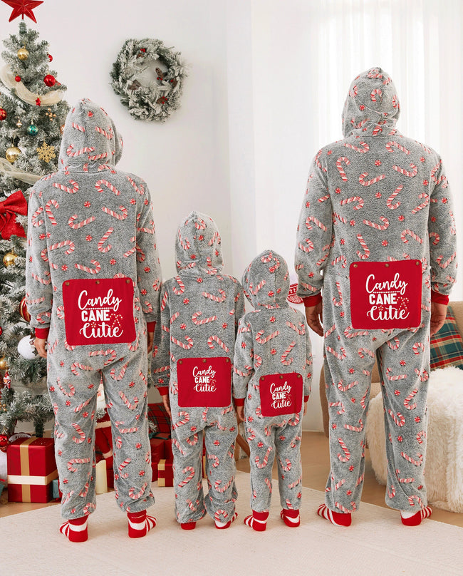 Family Matching Christmas Pajamas Candy Cane Glow in the Dark Coral Fleece Black Christmas Onesie Main Image