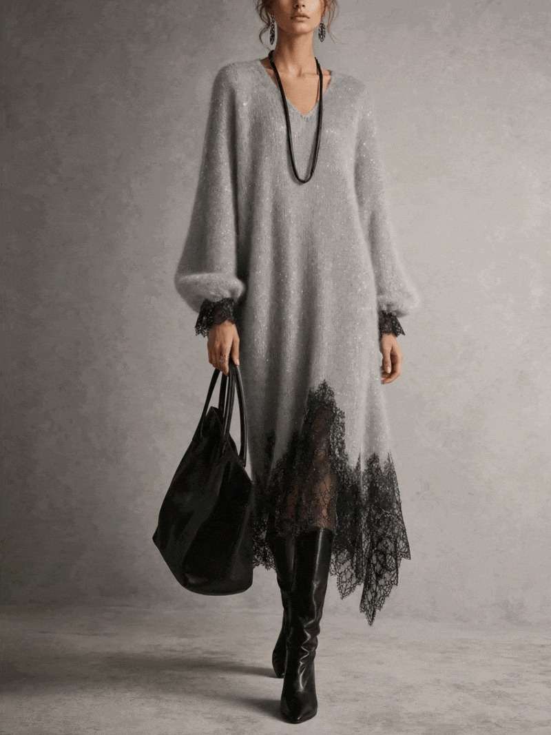 Gray Shimmer Knit Lace Hem Midi Dress