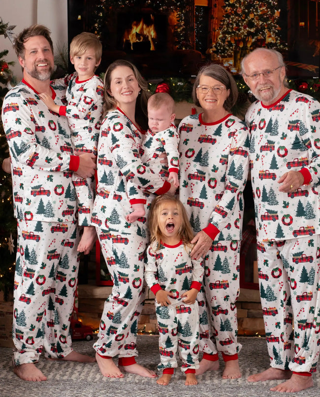 Christmas Family Matching Allover Xmas Tree & Car Print Long-sleeve Pajamas Sets with Christmas Socks Multi-color Hover Image