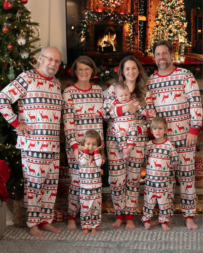 Family Christmas Pajamas All Over Reindeer Print Long-sleeve with Christmas Socks (SGS Certied Safety) Red+White Hover Image