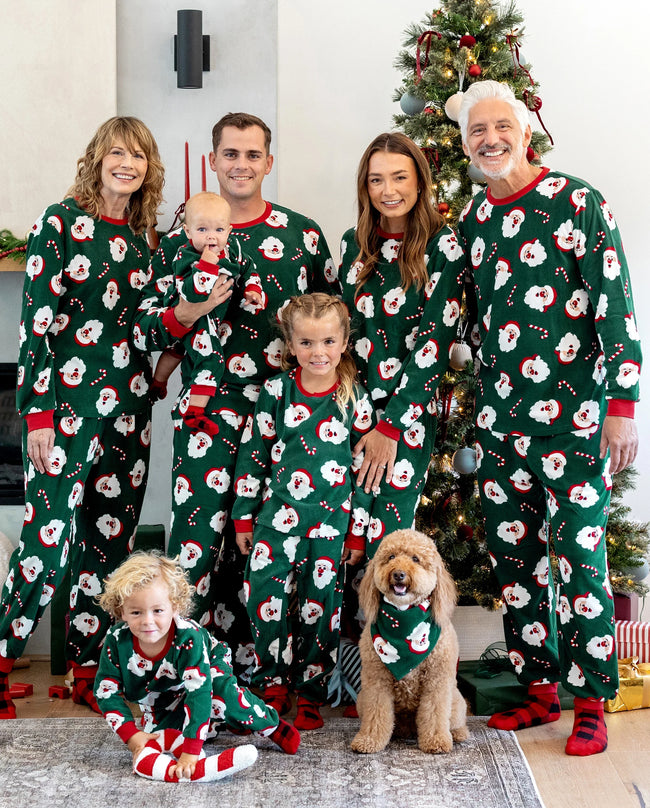 Christmas Matching Family Fleece Pajamas Set Santa Claus and Candy Cane Print PJS with Christmas Socks Dark Green Hover Image