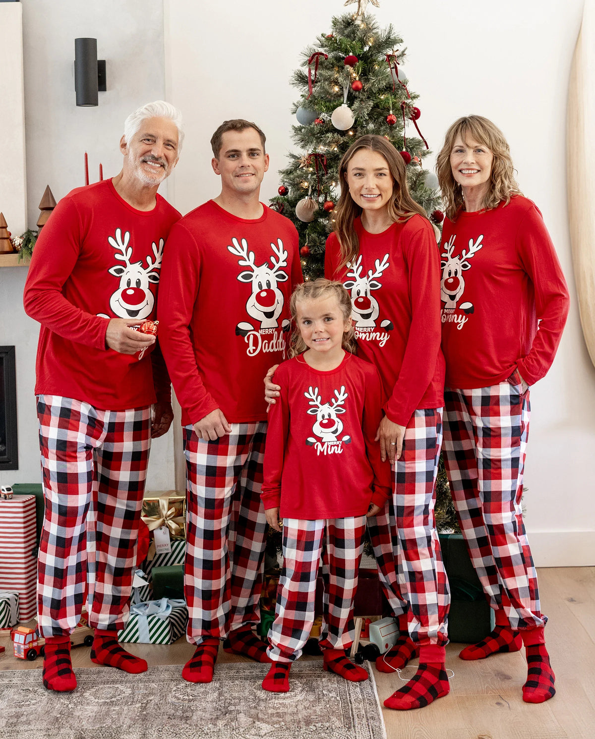 Christmas Matching Family Pajamas Set Glow In The Dark Reindeer Print PJS with Christmas Socks Red