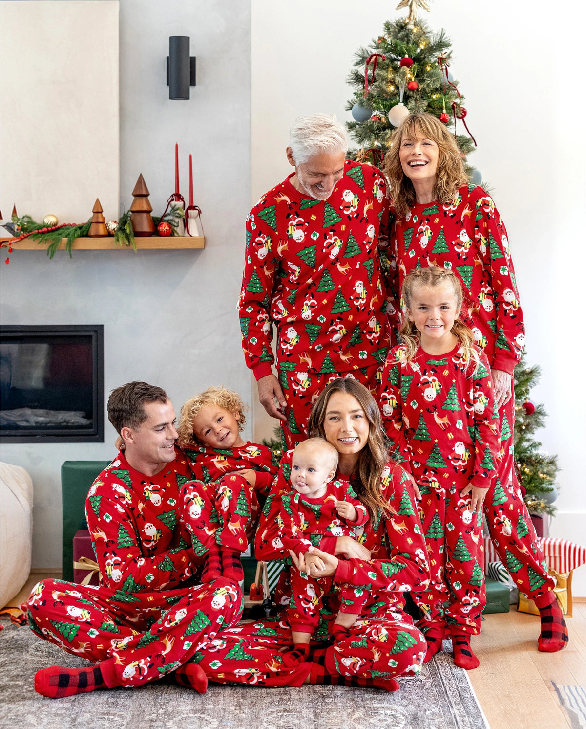 Christmas Matching Family Pajamas Set Santa Claus and Christmas Tree Print Red Fleece PJS with Christmas Socks Red