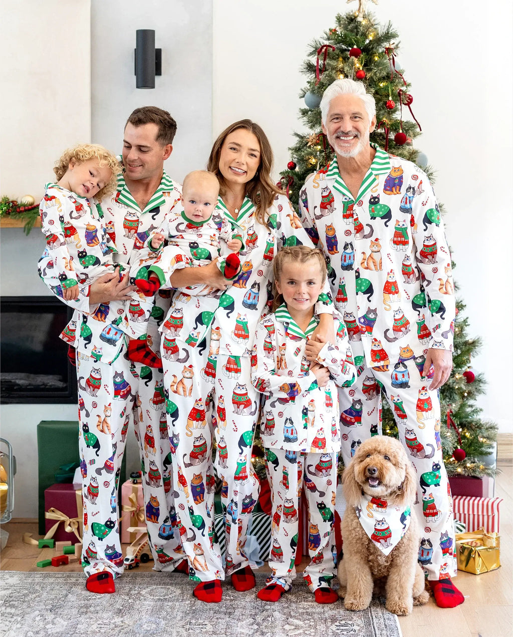 Christmas Matching Family Pajamas Set Christmas Cat Print PJS with Christmas Socks Multi-color