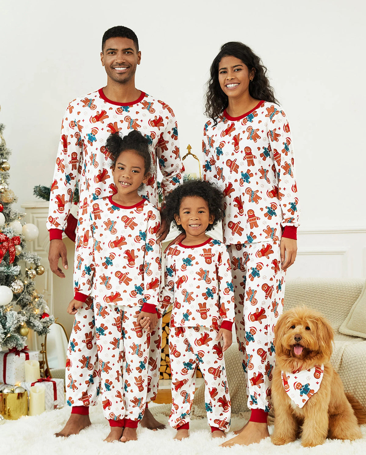 Christmas Family Matching Cartoon Gingerbread Man Allover Print Pajamas Sets with Christmas Socks White