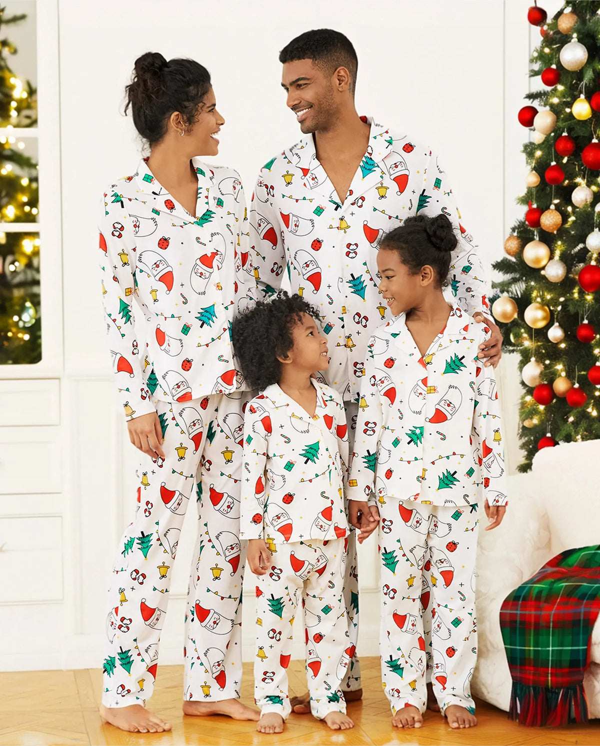 Christmas Family Matching Colorful Festival Theme Print Long Sleeve Pajamas Sets with Christmas Socks White
