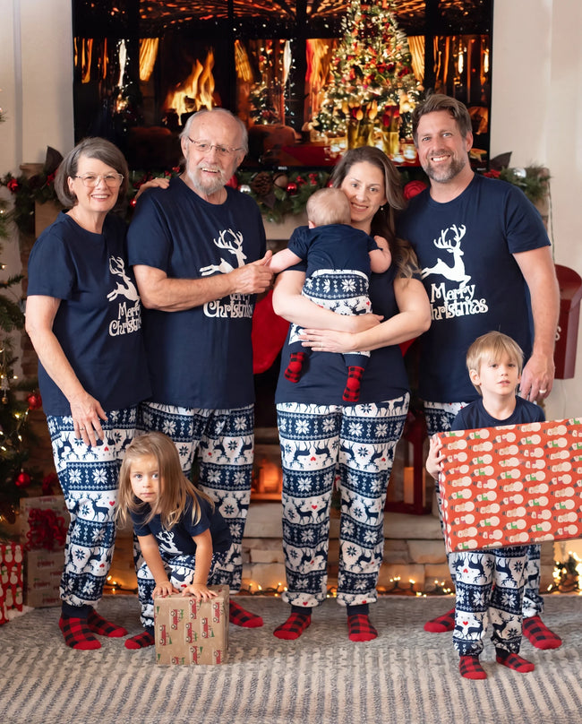 Christmas Reindeer Print Glow in the Dark Family Matching Pajamas Sets with Christmas Socks Deep Blue Hover Image