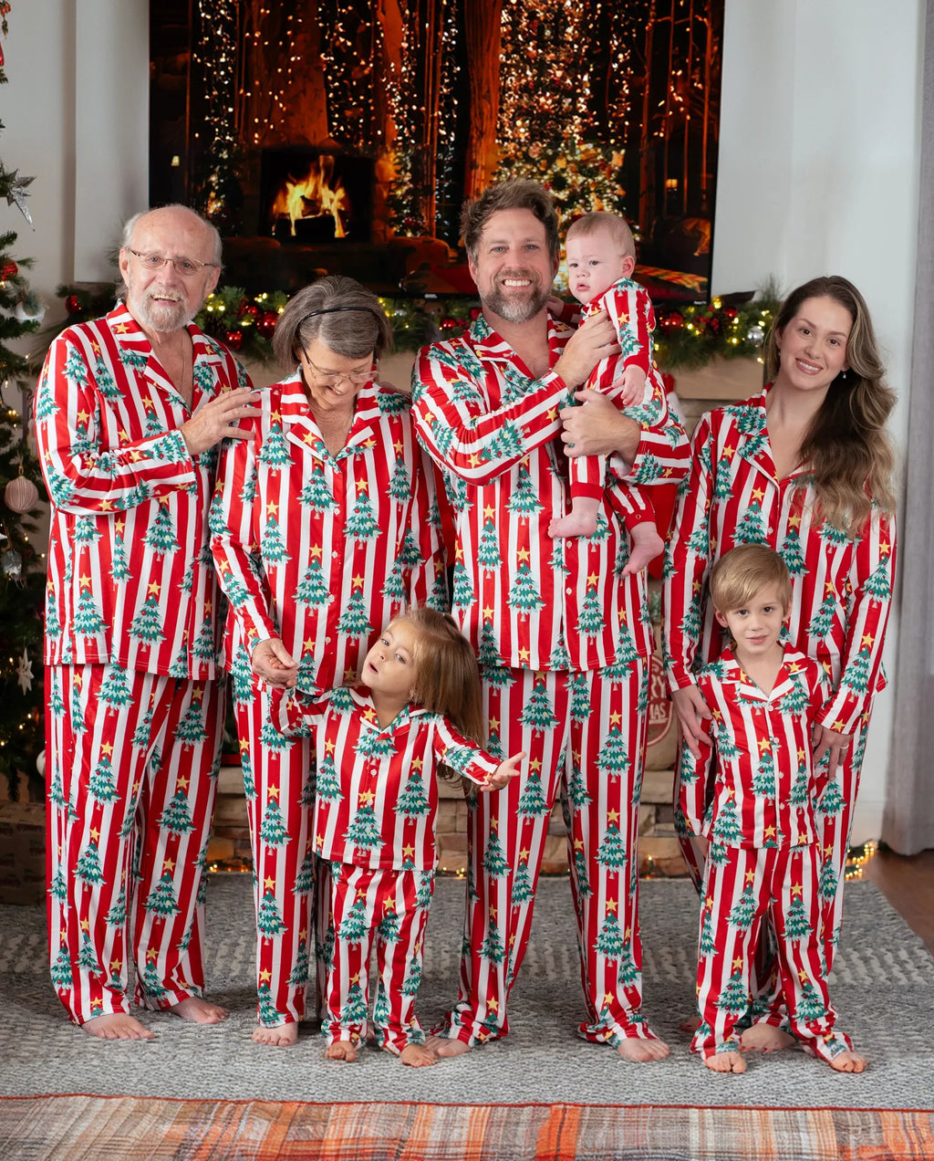 Christmas Family Matching Trees Print Stripes Long-sleeve Pajamas Sets with Christmas Socks Red