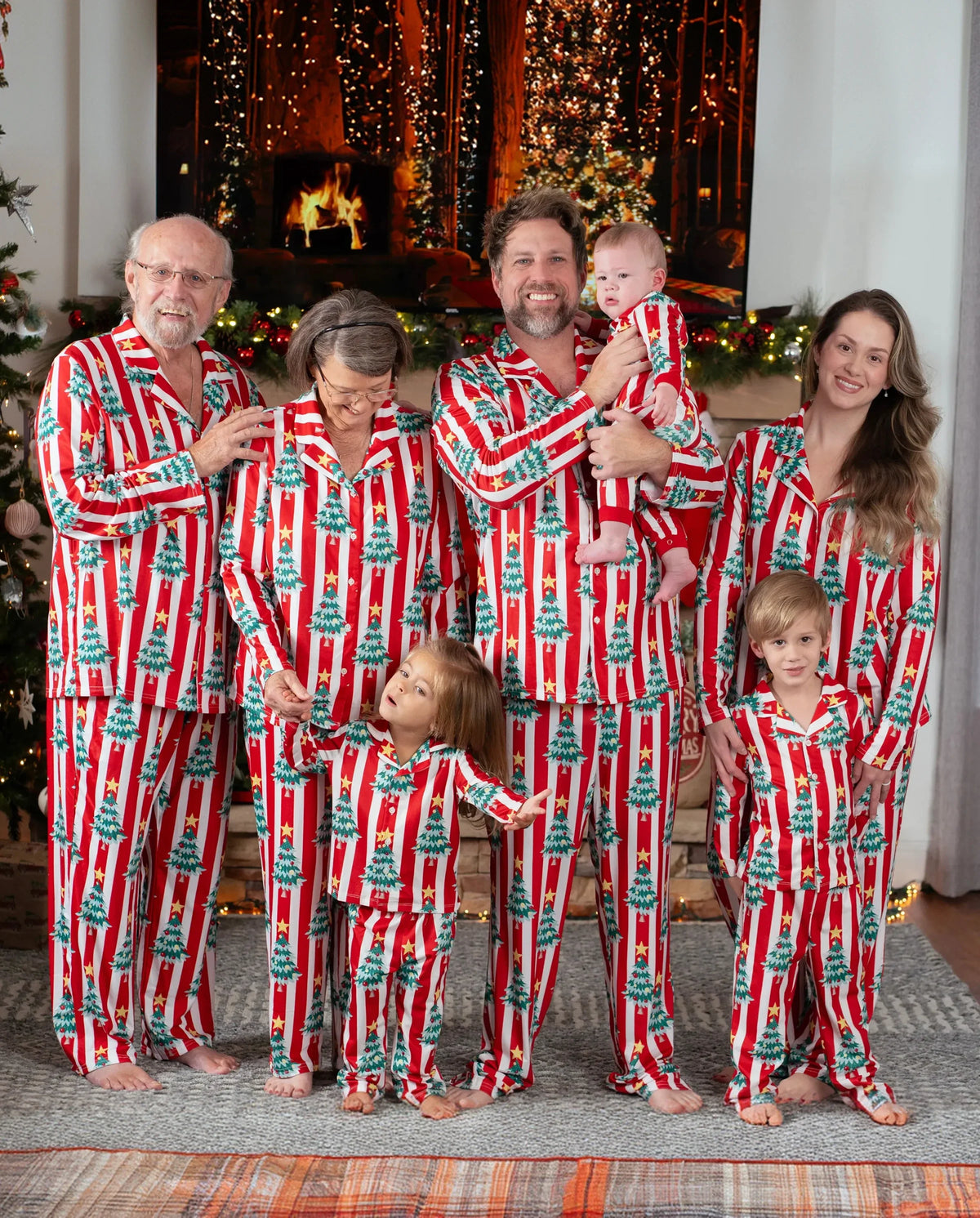 Christmas Family Matching Trees Print Stripes Long-sleeve Pajamas Sets with Christmas Socks Red