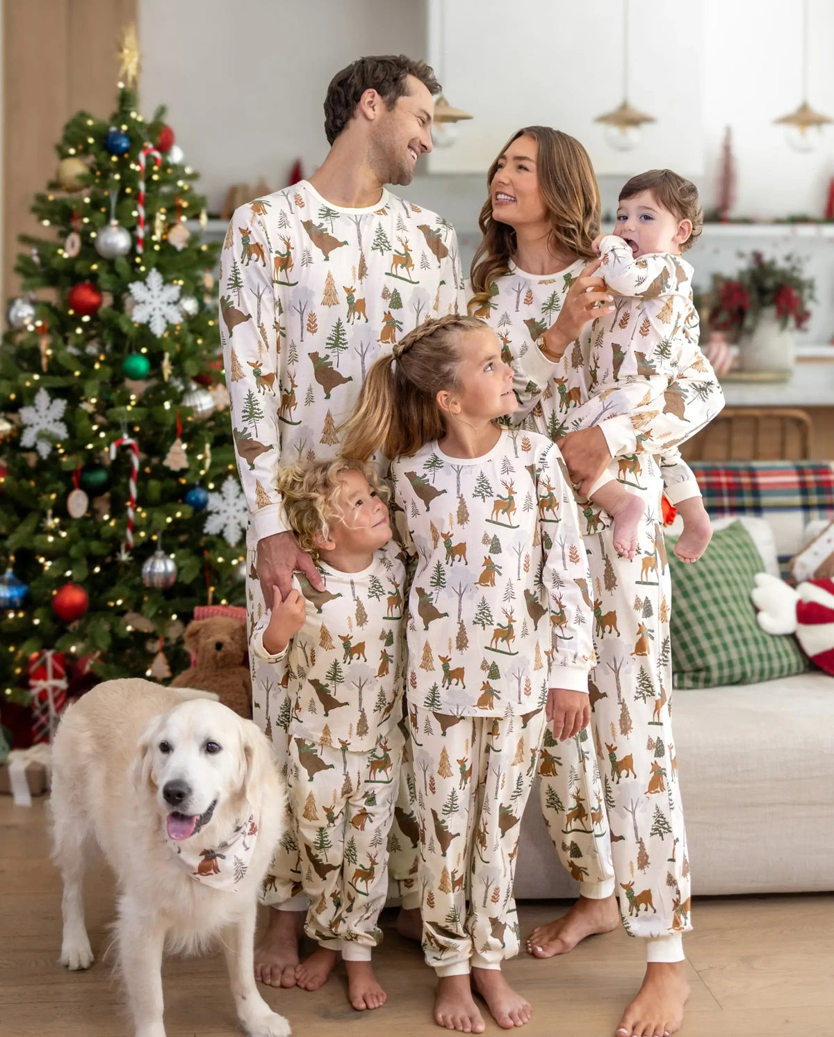 Christmas Matching Family Pajamas Woodland Print Beige