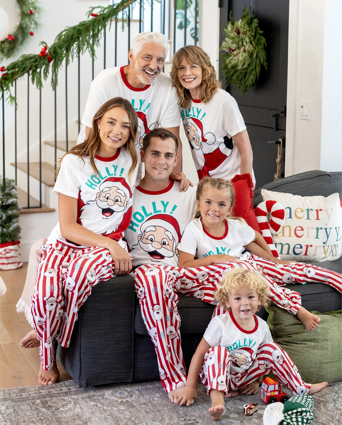 Christmas Matching Family Pajamas Set Santa Claus and Snowflakes Red Stripes PJS Red