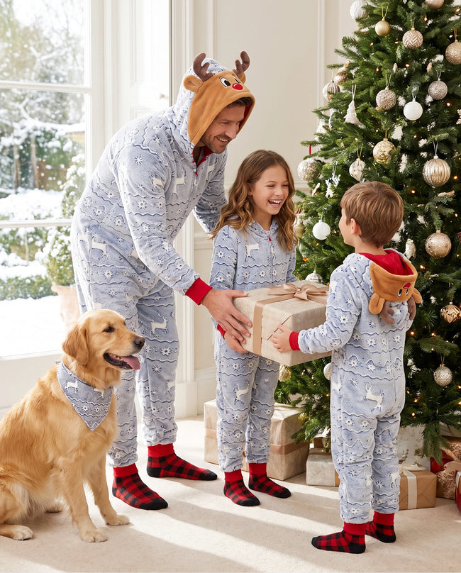 Matching Family Christmas Pajamas Reindeer Glow in the Dark Coral Fleece White Christmas Onesie Main Image
