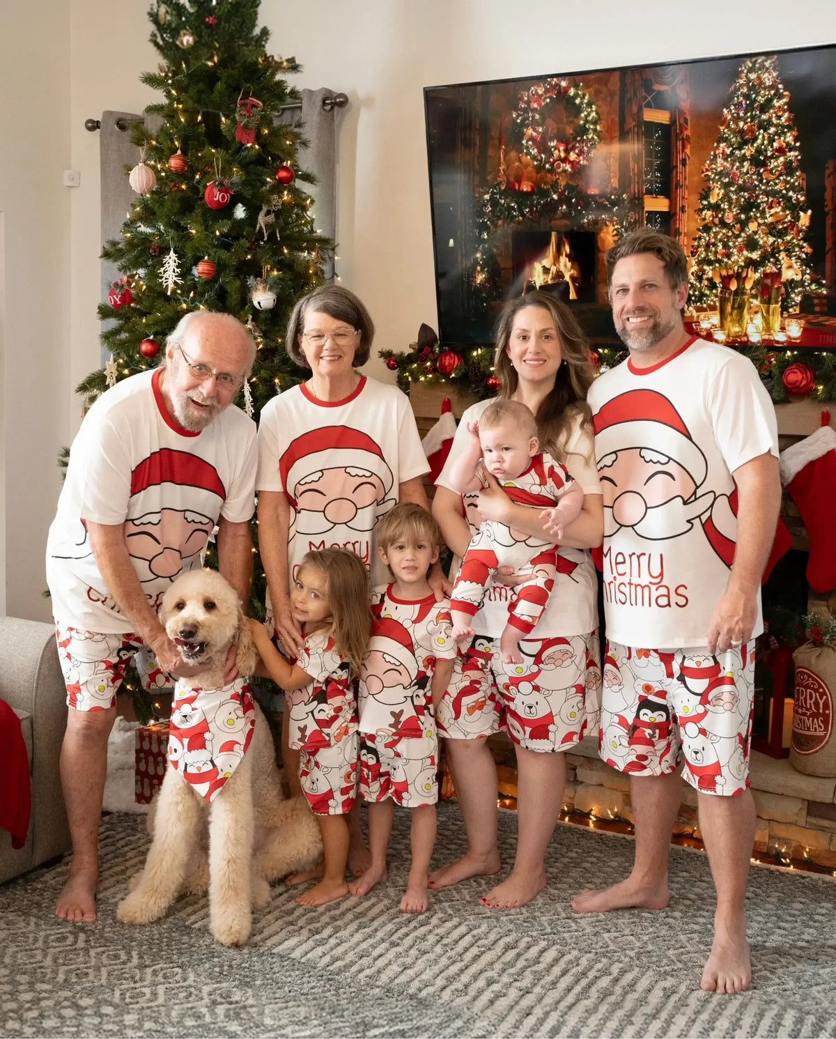 Christmas Santa and Snowman Print Family Matching Short-sleeve Tops and Shorts Pajamas Sets White