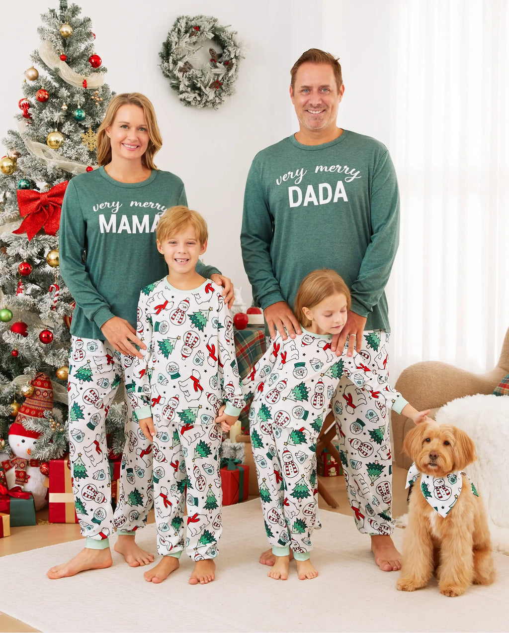 Christmas Family Matching Long Sleeves Very Merry Green Tops Allover Pattern Pants Pajamas Sets with Christmas Socks