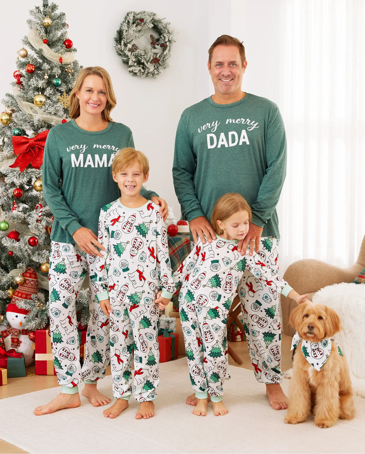 Christmas Family Matching Long Sleeves Very Merry Green Tops Allover Pattern Pants Pajamas Sets with Christmas Socks