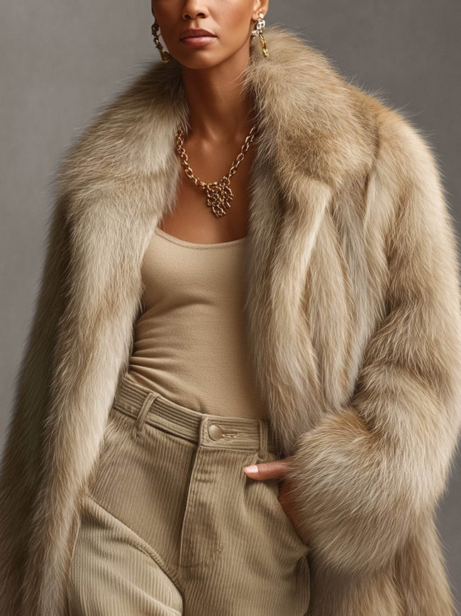 Khaki Gradient Faux Fox Fur Coat Main Image