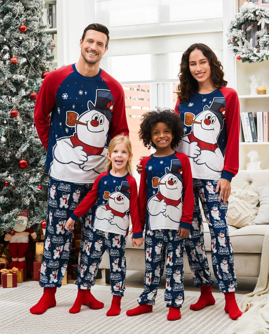 Frosty The Snowman Christmas Family Matching Color-block Pajamas Sets with Christmas Socks