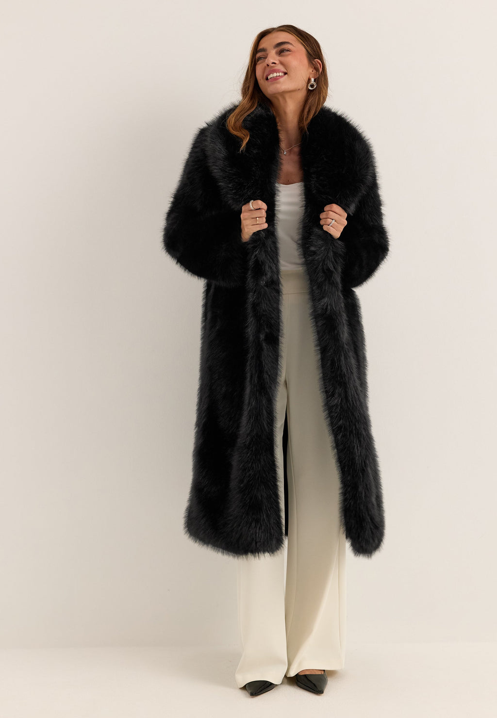 Women’s Long Faux Fur Coat with Side Pockets