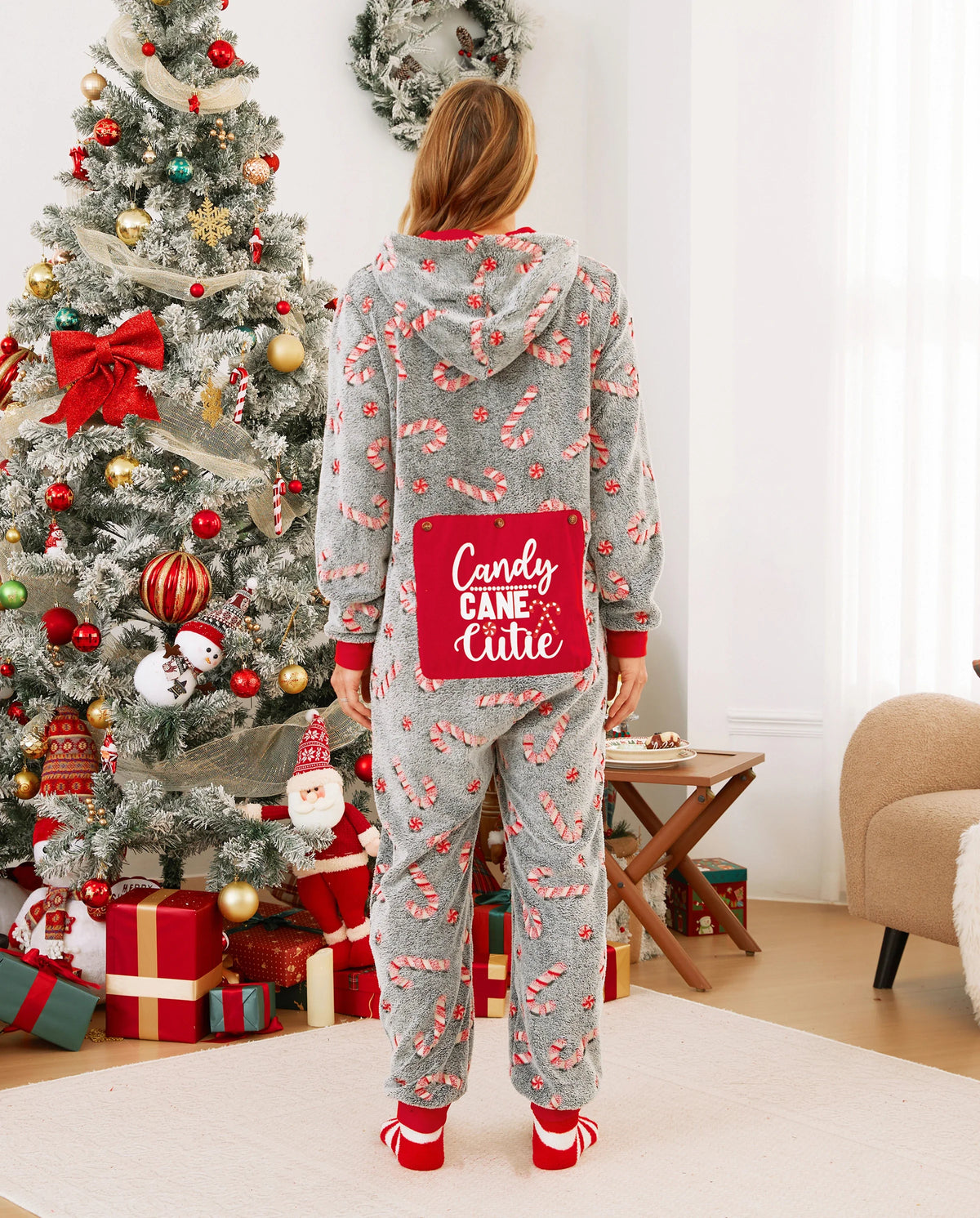 Onesies Pajamas Matching Christmas Outfits Candy Cane Pattern (Glow in the Dark) with Christmas Socks Black