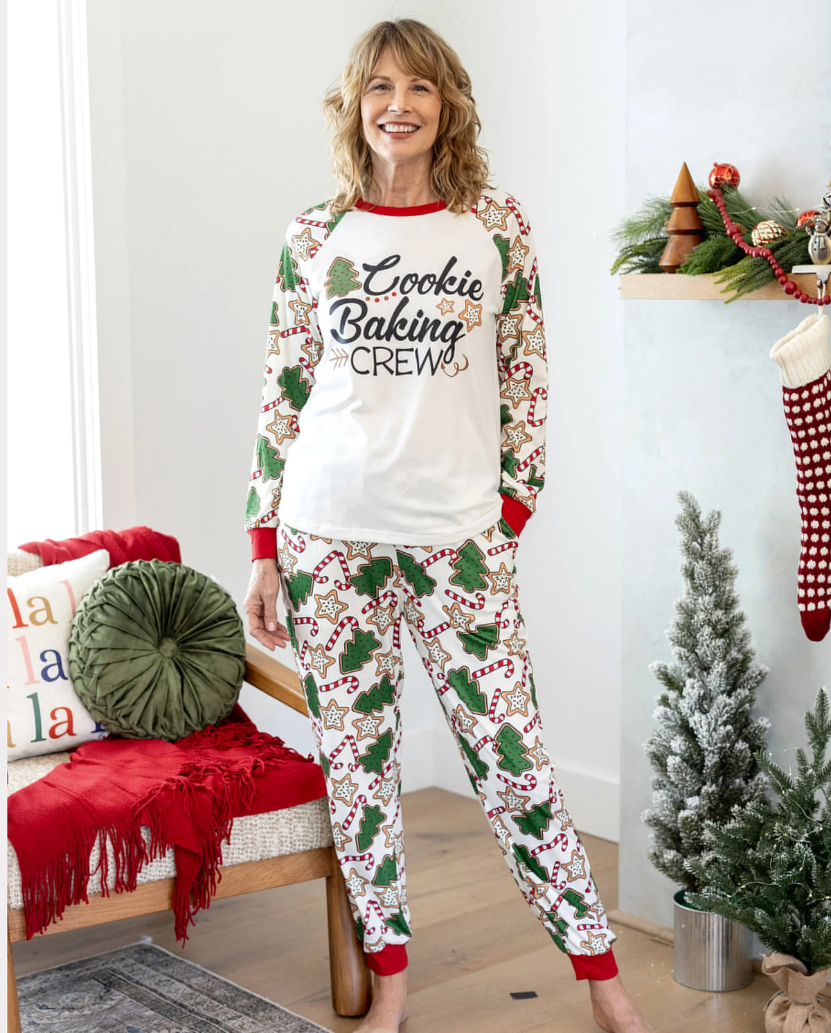 Christmas Matching Family Pajamas Set Christmas Tree Print Red and Apricot PJS with Christmas Socks Apricot