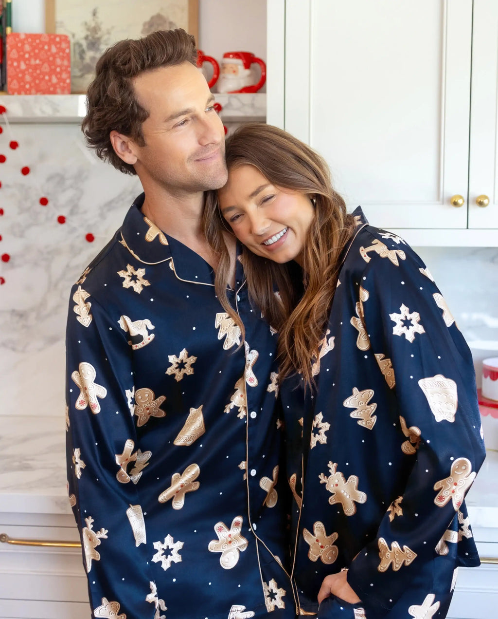 Christmas Matching Family Satin Pajamas Gingerbread Print Navy