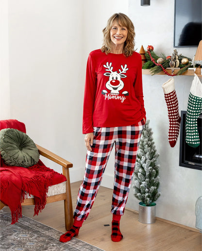 Christmas Matching Family Pajamas Set Glow In The Dark Reindeer Print PJS with Christmas Socks Red