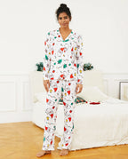 Christmas Family Matching Colorful Festival Theme Print Long Sleeve Pajamas Sets with Christmas Socks White
