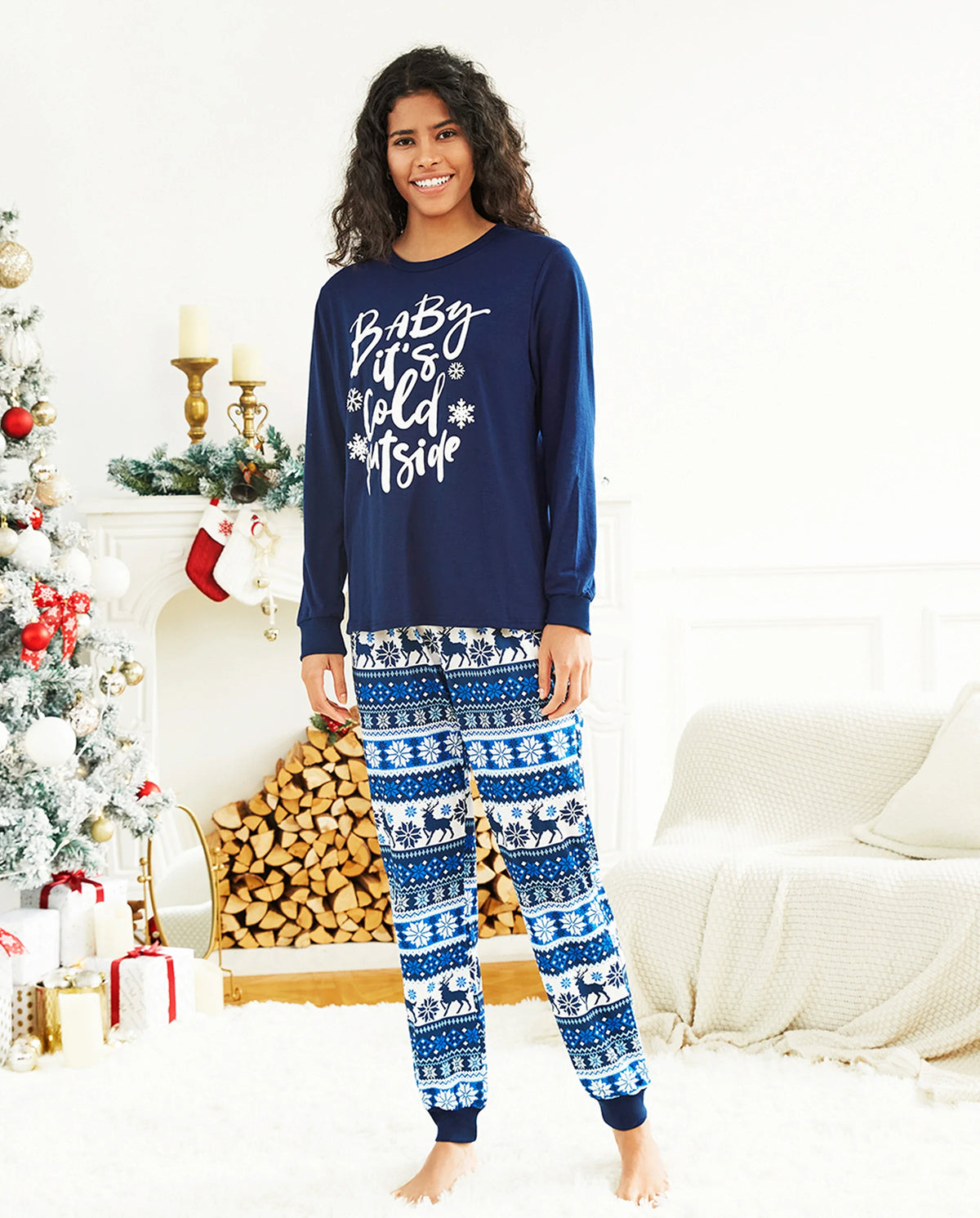 Family Matching Christmas Pajamas Baby It's Cold Outside Print Blue