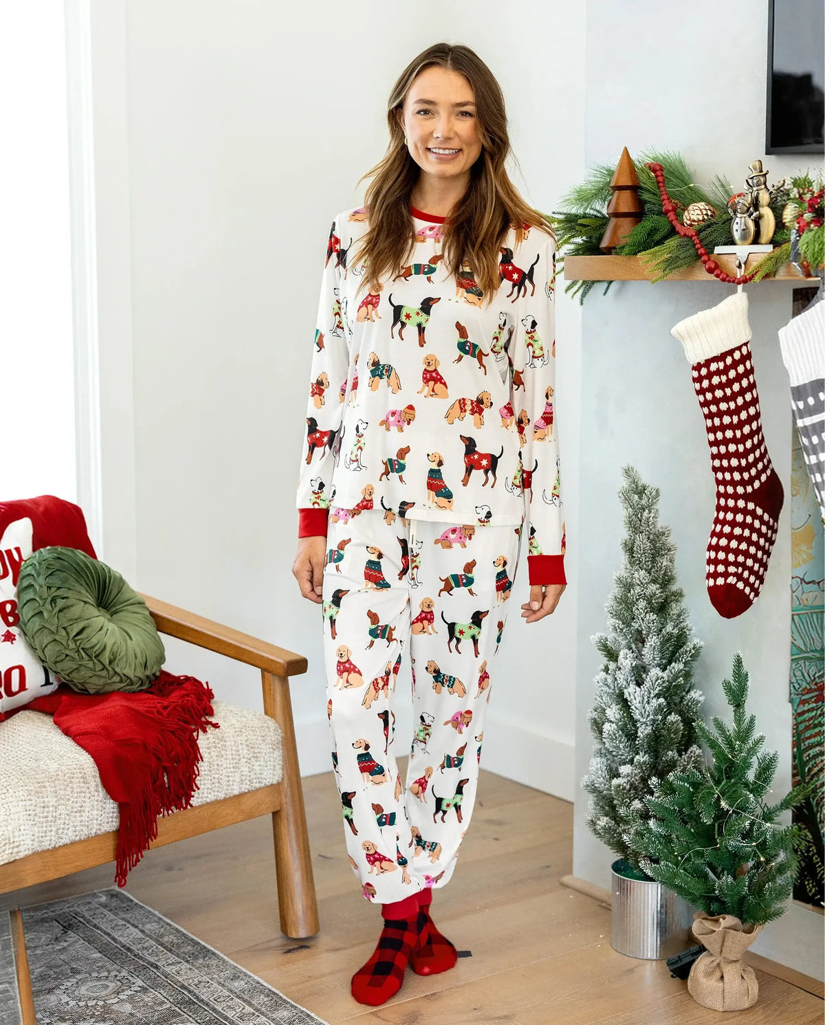 Christmas Matching Family Pajamas Set Various Dog Print PJS with Christmas Socks Apricot