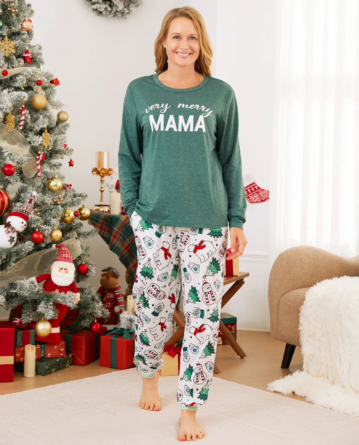 Christmas Family Matching Long Sleeves Very Merry Green Tops Allover Pattern Pants Pajamas Sets with Christmas Socks