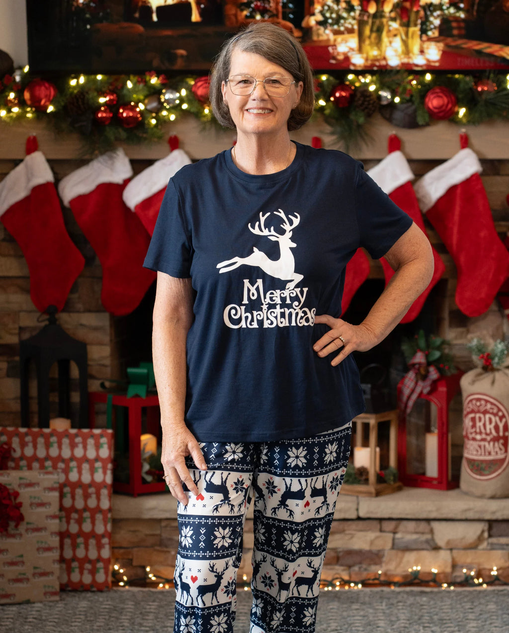 Christmas Reindeer Print Glow in the Dark Family Matching Pajamas Sets with Christmas Socks Deep Blue