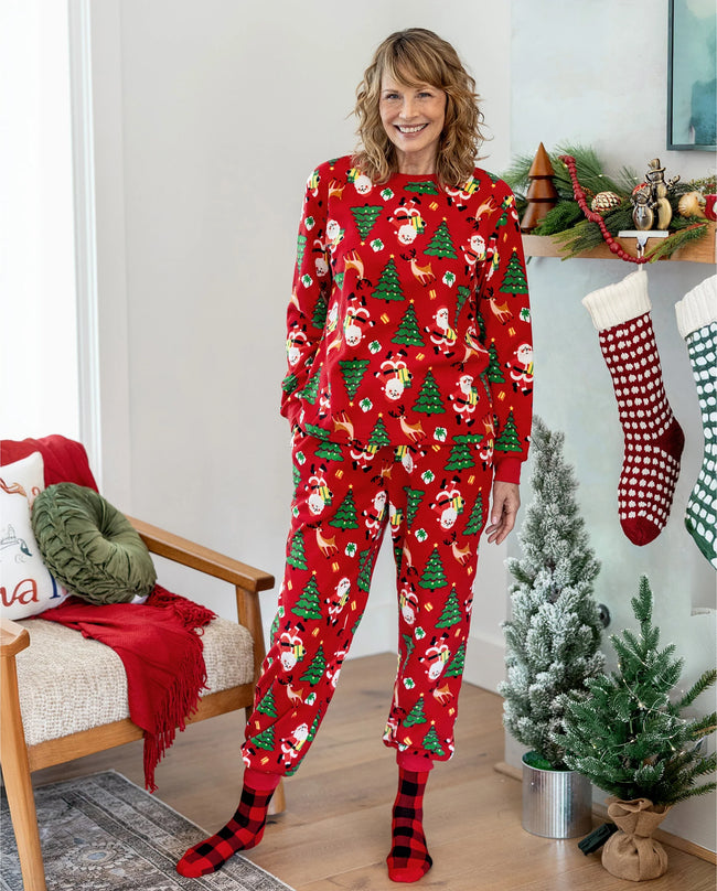 Matching Family Christmas Pajamas Christmas Tree & Santa Print Fleece Red Main Image