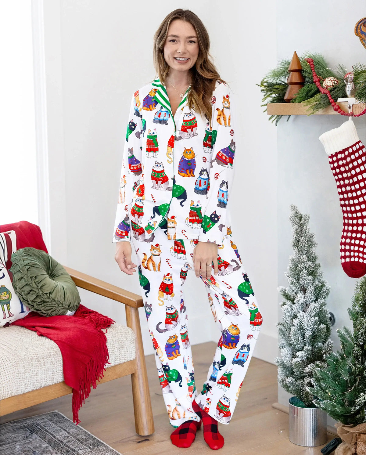 Christmas Matching Family Pajamas Set Christmas Cat Print PJS with Christmas Socks Multi-color