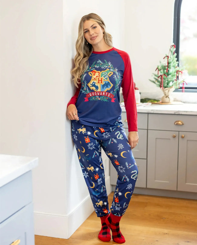 Harry Potter Matching Family Christmas Pajamas Holiday Emblem Print Navy Main Image