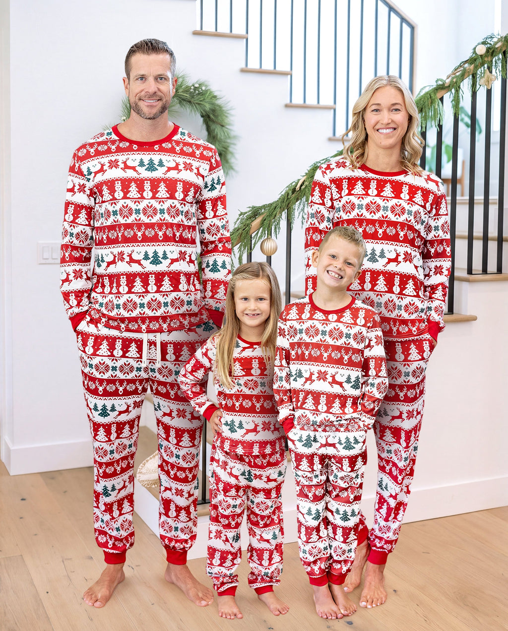 Matching Family Christmas Pajamas Fair Isle Print Red & White