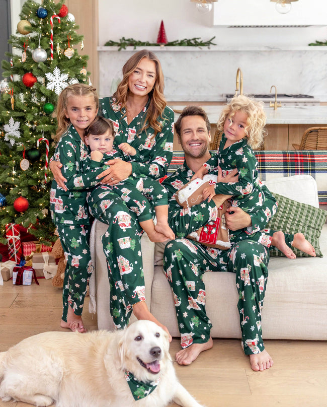 Family Matching Christmas Pajamas Gingerbread House Print Green Hover Image