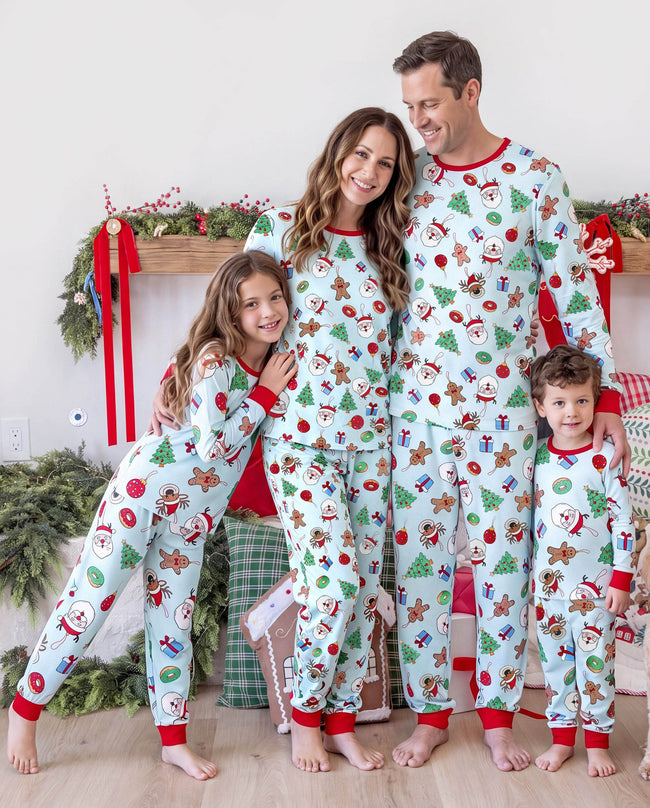 Family Matching Christmas Pajamas Santa & Christmas Tree Print Green Hover Image
