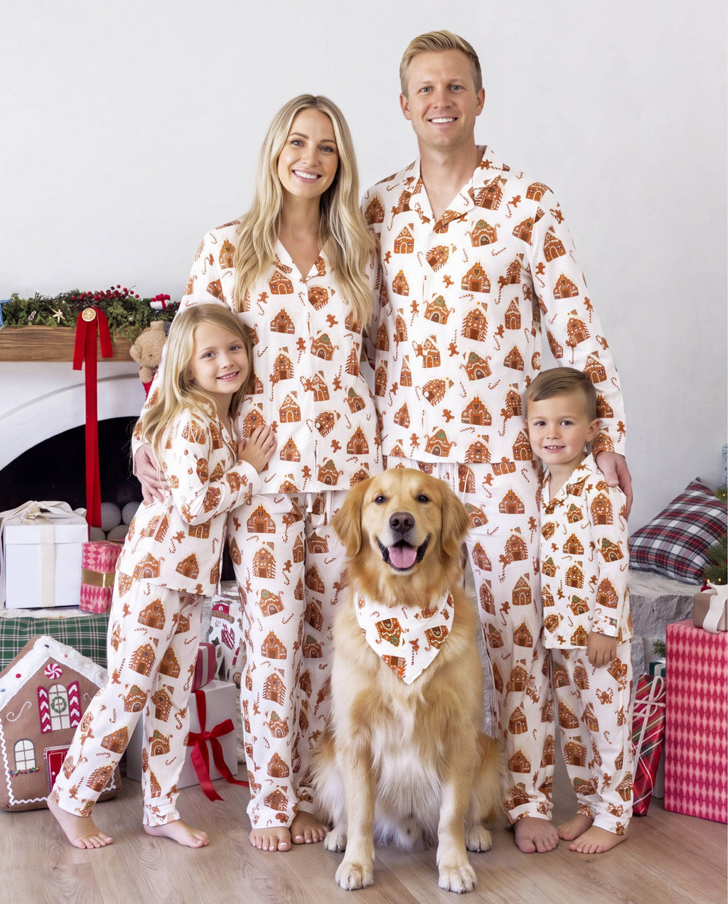 Matching Family Christmas Pajamas Gingerbread House Print Brown