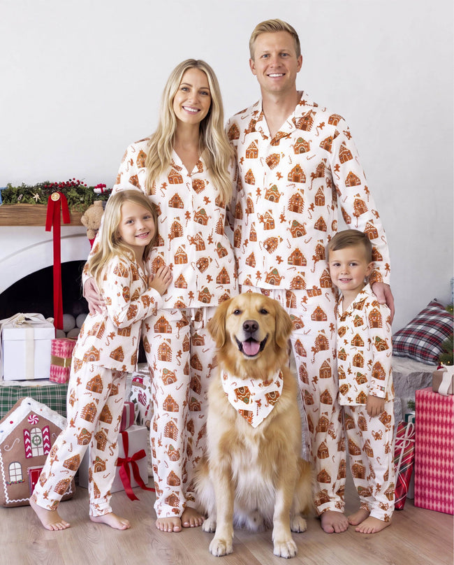 Matching Family Christmas Pajamas Gingerbread House Print Brown Hover Image
