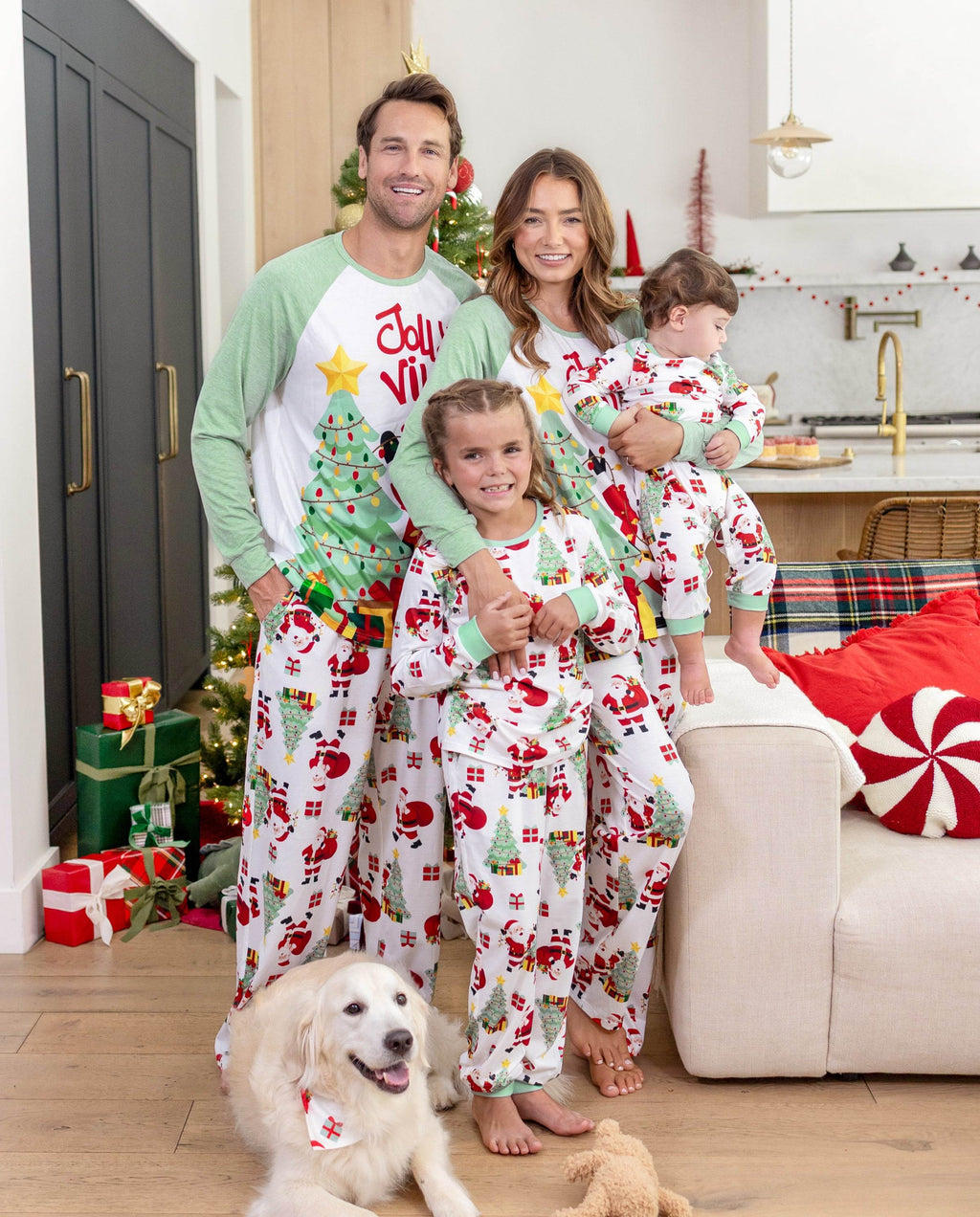 Matching Family Christmas Pajamas Santa & Christmas Tree Print Green