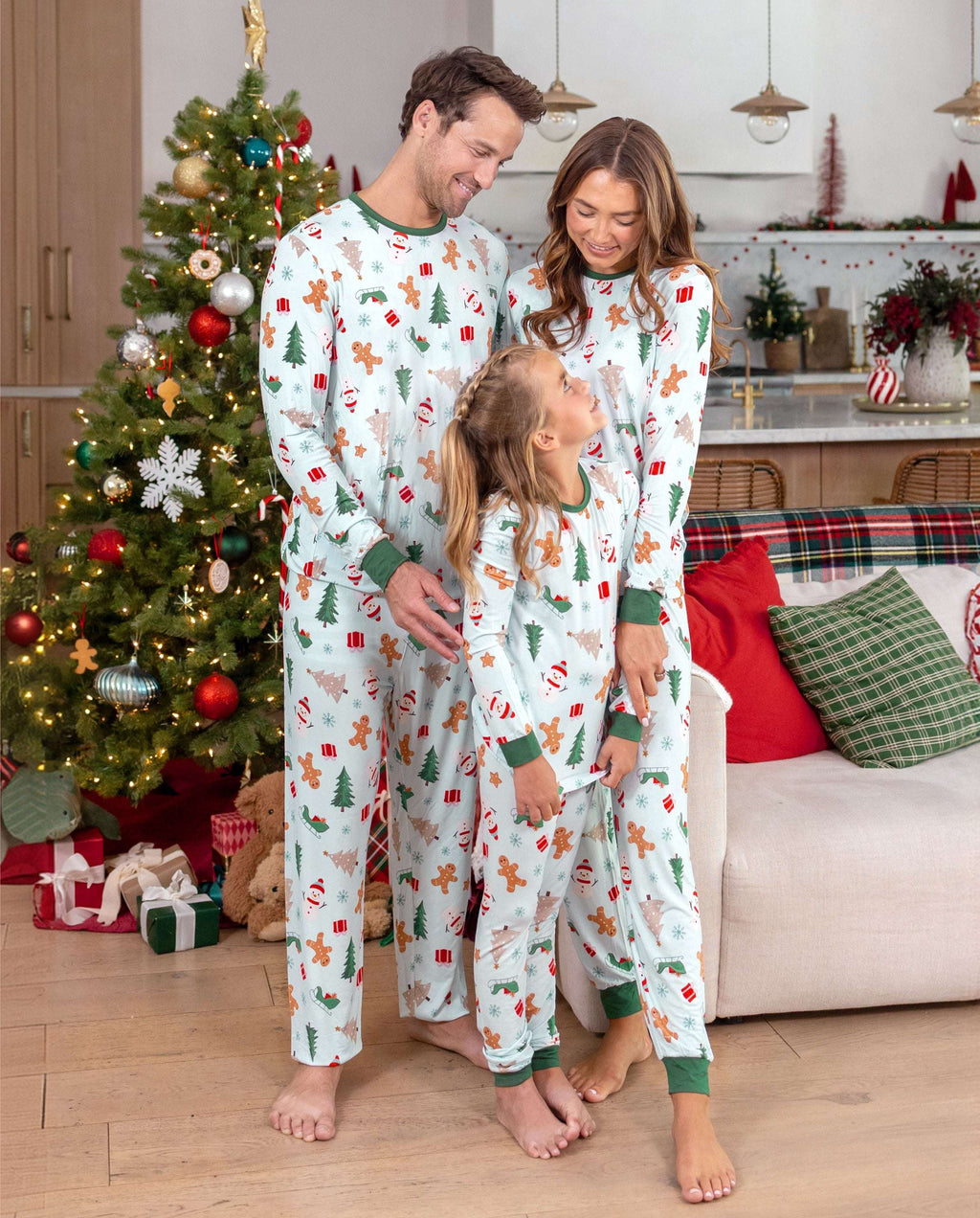 Matching Family Christmas Pajamas Gingerbread & Christmas Tree Bamboo Green