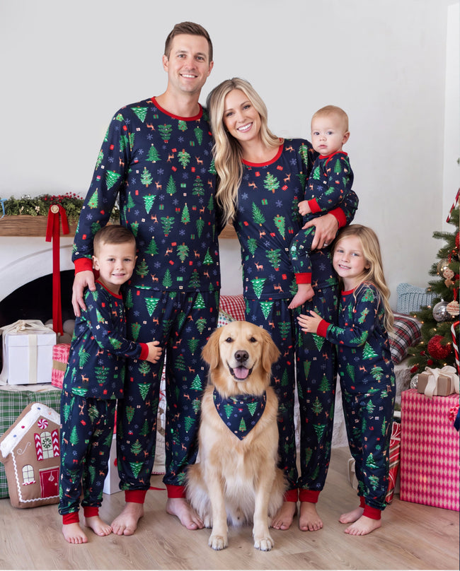 Matching Family Christmas Pajamas Christmas Tree Print Navy Holiday Pajamas Hover Image
