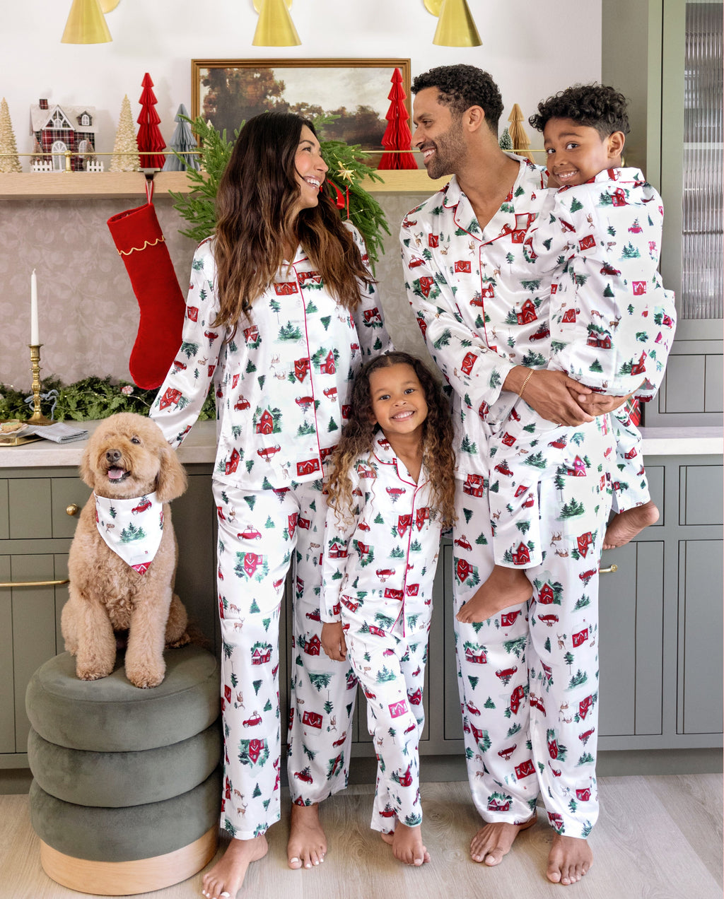 Matching Family Christmas Pajamas Christmas Village Print Satin Multicolor