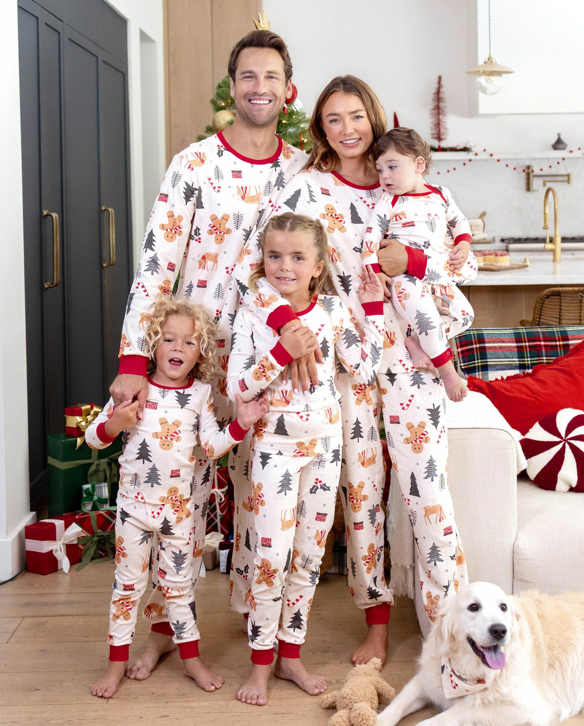 Family Matching Christmas Pajamas Christmas Tree & Gingerbread Print Cotton Cream