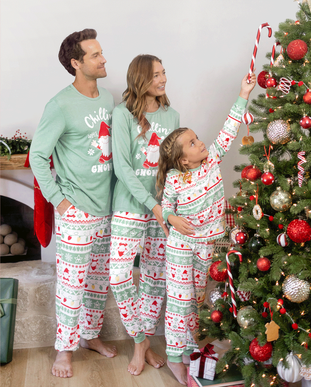 Matching Family Christmas Pajamas Gnome Print Glow in the Dark Light Green