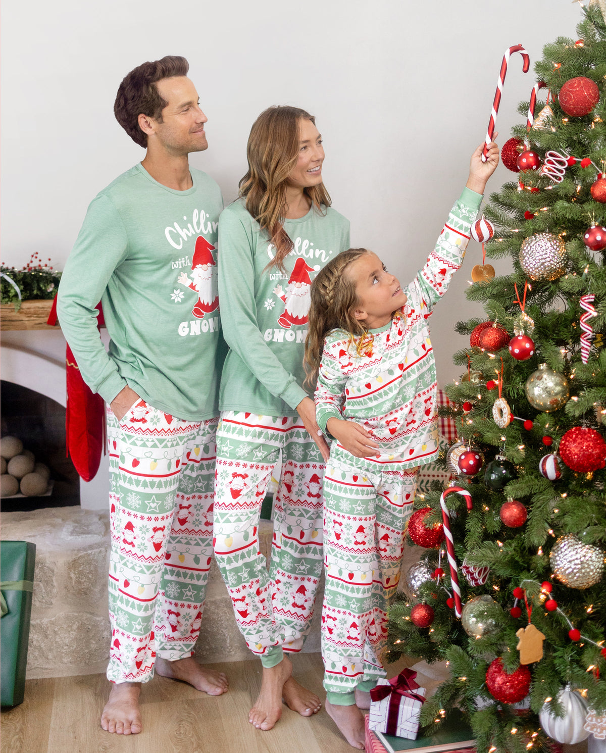 Matching Family Christmas Pajamas Gnome Print Glow in the Dark Light Green
