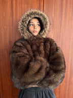 Women’s Relaxed Faux Fur Zip-Up Jacket – Dark Brown